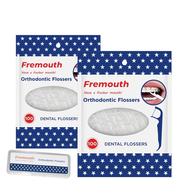 Fremouth Orthodontic Flossers for Braces - Ortho Dental Floss Picks, 100 Count (Pack of 2), with a Travel Case