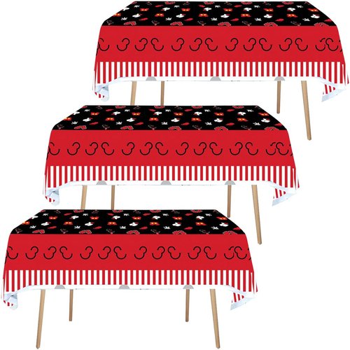 ANFGANC 3pc Mouse Tablecloth Mouse Party Supplies Disposable Black and Red Mouse Head Plastic Table Cover for Boys 1st,Oh Twodles Birthday,Baby Shower,Mouse Party Decorations 220x130cm