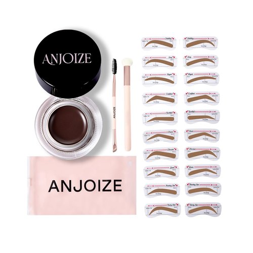 Anjoize eyebrow stamp stencil kit waterproof,Eye brow Stamping kit,20PCS Eyebrow Stencils Perfect Eyebrow,Brow Trio Kit with Sponge Applicator,Eyebrow Pomade,and Dual-Ended Eyebrow Brush(Light brown)