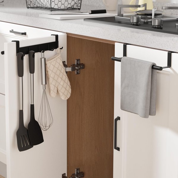 KES Over The Cabinet Door Towel Bar with Hooks, Kitchen Towel Holder with Hooks for Hanging Utensils, Over The Cabinet Door Organizer with Hook 2 Pack, Matte Black, KUR527-BK-P2