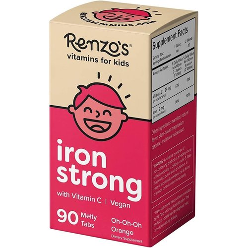 Renzo's Iron Supplements for Kids - Dissolvable Vegan Iron Supplement with Vitamin C - Sugar Free, Oh-Oh-Oh Orange Flavor, 90 Melty Tabs