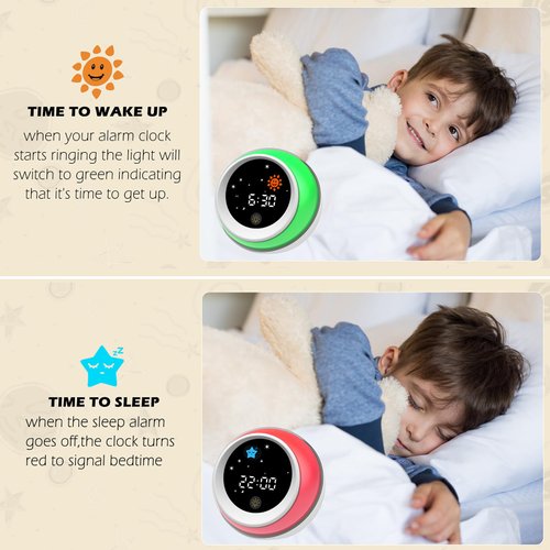 Kids Alarm Clock, Ok to Wake clock, Red Light Green Light alarm clock for Clock sleep training, with sun and star design, built-in sound machine, night light, nap timer,specially designed for children