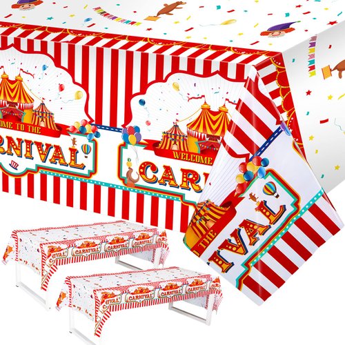 3 Pack Carnival Theme Party Tablecover Carnival Tablecloth for Carnival Theme Party Table Decorations Red and White Striped Tablecloth 108 x 54 Inch Plastic Waterproof Table Cover for Carnival Decor
