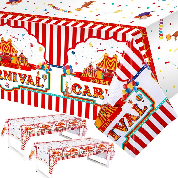 3 Pack Carnival Theme Party Tablecover Carnival Tablecloth for Carnival Theme Party Table Decorations Red and White Striped Tablecloth 108 x 54 Inch Plastic Waterproof Table Cover for Carnival Decor