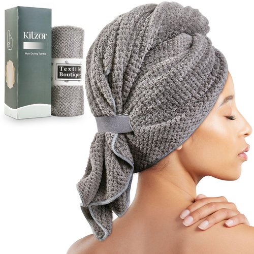 Kitzor Microfiber Hair Towel Wrap for Women - Ultra Soft and Absorbent Hair Towel with Elastic Band for Curly, Thick or Long Hair - Gray (Gray)