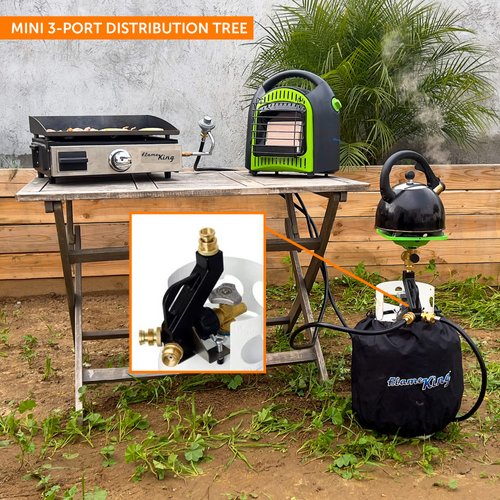 Flame King FK-DTMINI Mini 3-Port Distribution Tree for Camping, Connects 1-lb Appliances to a Standard Propane Tank, Perfect for Lanterns, Stoves, Heaters, and Grills, Black & Gold