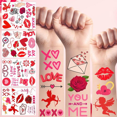 50Pcs Love Temporary Tattoos For Couple Women Red Black Valentine Days Party Decorations Birthday Favors Supplies Flowers Rose Heart Lips Gift Idea Decorative Suitable For Kids Teens Youth Adult