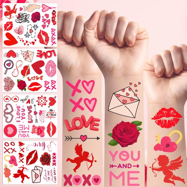 50Pcs Love Temporary Tattoos For Couple Women Red Black Valentine Days Party Decorations Birthday Favors Supplies Flowers Rose Heart Lips Gift Idea Decorative Suitable For Kids Teens Youth Adult