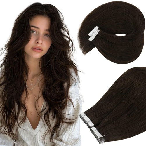 Ve Sunny Invisible Tape in Hair Extensions Human Hair Darkest Brown Tape on Hair Extensions Brown Human Hair Extensions Tape in Darkest Brown Glue in Hair Extensions 50g 20pcs 16inch