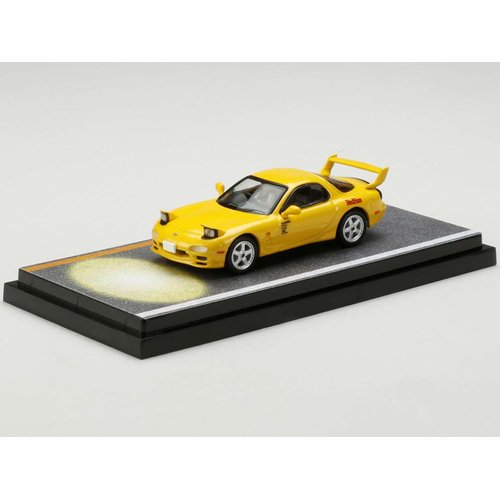 RX-7 (FD3S) RHD (Right Hand Drive) Yellow RedSuns with Keisuke Takahashi Driver Figure (Version 2) "Initial D (1995-2013) Manga 1/64 Diecast Model Car by Hobby Japan HJ645007DA