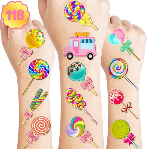 118 PCS Lollipop Candyland Temporary Tattoos Themed Birthday Party Decorations Favors Supplies Decor Cute Colorful Candy Sweet Xmas Tattoo Stickers Gifts For Boys Girls Class Prizes Rewards Christmas
