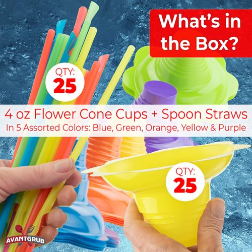 Leak Proof & Drip Catching, Super Cute Reusable 4oz Flower Snow Cone Cups with Straws 25 Pk, Colorful Easy Grip Bowls Perfect for Birthday Party, Summer Cookout, Shaved Ice, Snack, Ice Cream