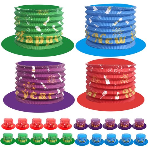 24 Pcs New Year's Eve Party Top Hat Accordion Hats for 2025 Happy New Year Eve Party Supplies Decorations Colorful Cardboard Fold Paper Hats for Costume Headwear(Top Hat)