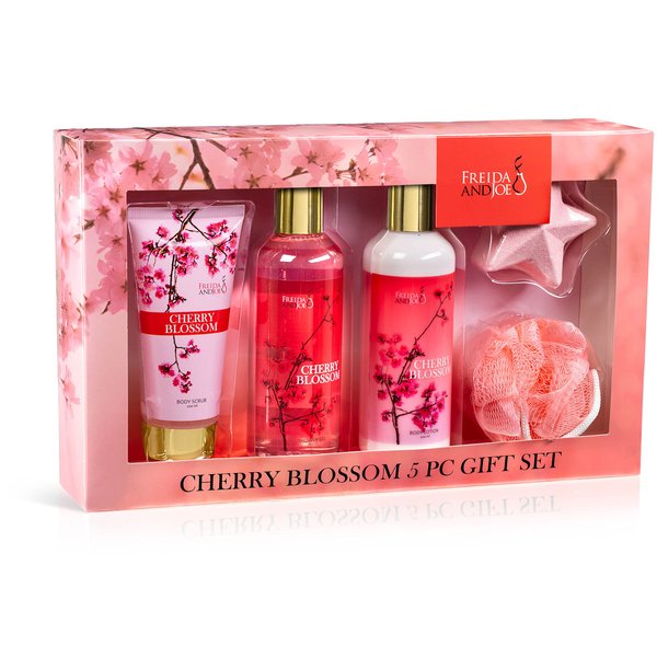 Bath and Body Gift Basket For Women – 5 Piece Set of Cherry Blossom Bath & Body Collection Gift Box, Includes Shower Gel, Body Lotion, Body Scrub, Bath Bomb & Sponge - Appreciation Gift Ideas