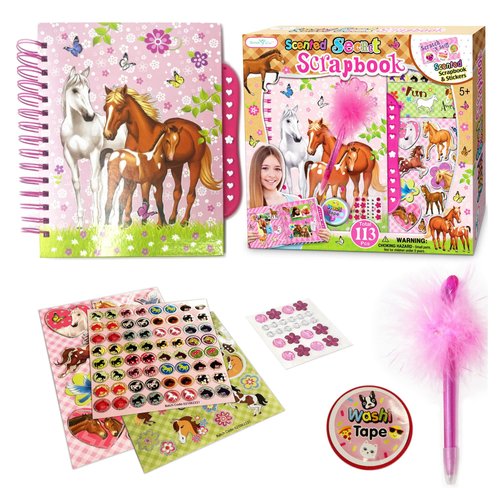 Horse Scrapbook Kit for Girls | Equestrian DIY Scrapbooking Kit for Little Girl and Tween Gifts | 114 Piece Scrapbook and Stationary Supplies Kit with Stickers, Jewels, Washi Tape, and Passcode Lock