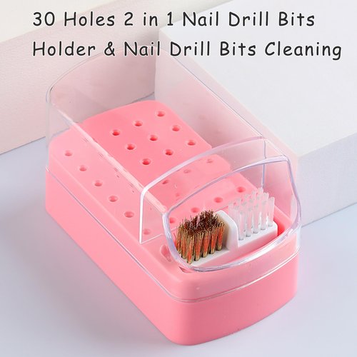 FSpronail Nail Bit Holder & Nail Drill Bit Cleaner 2 in 1, 30 Holes Nail Drill Holder Organizer Nail Bit Brush Cleaner Drill Bit Holder for Nails Dustproof Stand Displayer Storage Box Tools