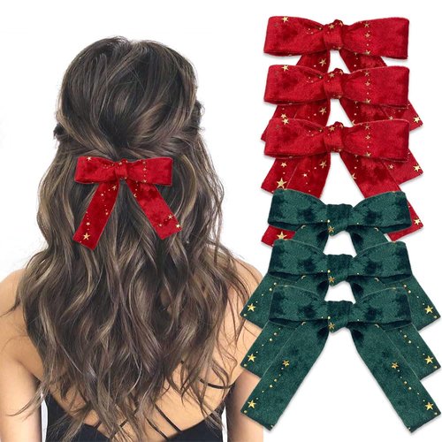 6 PCS Velvet with Gold Stamping Hair Bows Printed Star Hair Ribbon Hair Bows With Tail Two-sided ...