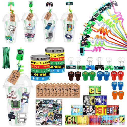 emzrivo Video Game Birthday Decorations with Straws Cups Slap Bracelets Wristbands Keychain Stamps Stickers Thank You Tags Twist Ties for Gamer Birthday Party Decorations (146)