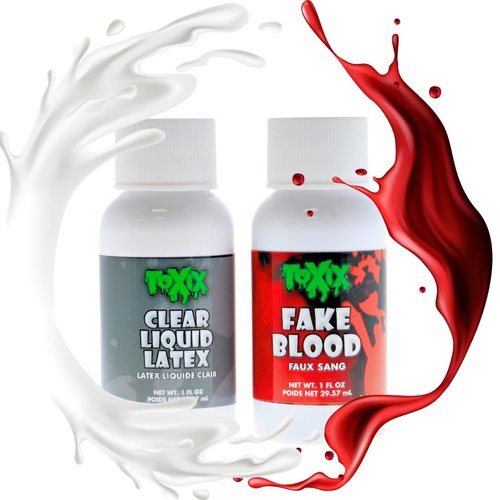 TOXIX Liquid Latex and Fake Blood Kit, 1 fl oz each, Clear Latex and Realistic Red Blood for Special Effects, Halloween Costumes, Scars, Wrinkles, Wounds, Bites
