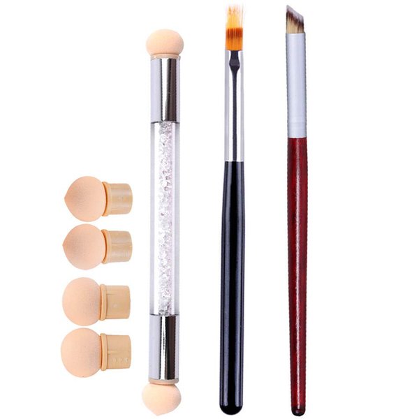 WOKOTO 3Pcs Ombre Nail Art Brush Set Wooden Gel Builder Brush Double Head Nail Gradient Shading Pen With 4 Replaceable Sponge Heads Manicure Tools