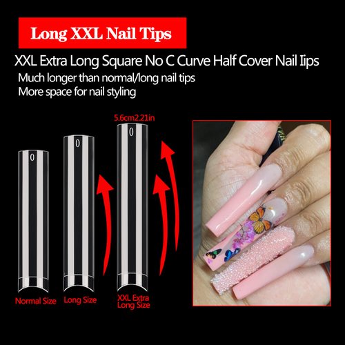 600PCS No C Curve Nail Tips for Acrylic Nails Professional, XXL Clear Nail Tips Straight Square Flat Nails Tips, Extra Long Acrylic Nail Tips Half Cover Fake Nails for Nail Salon and Home DIY 12 Sizes