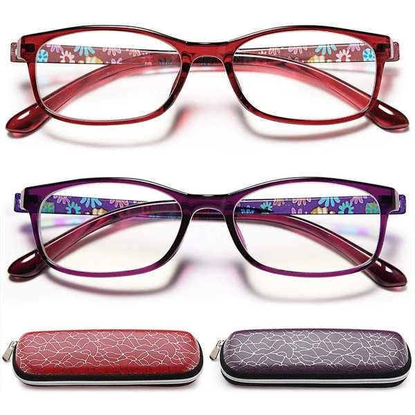 EYEURL Reading Glasses Women Blue Light Blocking - Set of 2 Pattern Design Value Computer Readers (Purple/Red, 1.5)