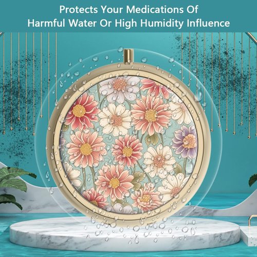 Pill Case Pill Box with Mirror Retro 3 Compartment Small Pill Organizer for Purse or Pocket Bronze Small Roud Pill Box or Vitamins, Fish Oil, Supplements, Pill Containe Travel Gifts（Retro Floral）