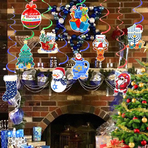 Merry Chrismukka Hanging Swirls Decorations 20 PCS Christmas Xmas Hanukkah Hanging Ceiling Streamers Swirls for Home Indoor Outdoor Holiday Party Decorations Supplies