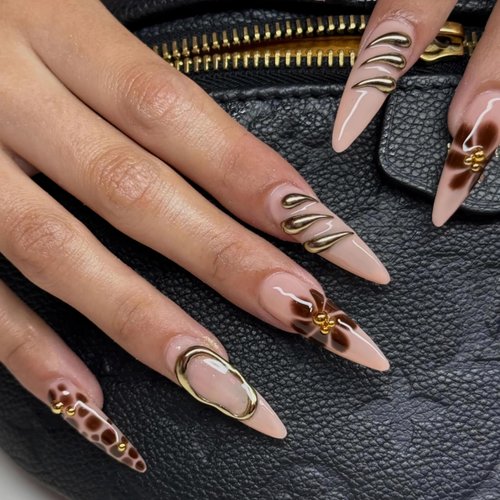 BABALAL Press on Nails Medium Almond Fake Nails Brown Glue on Nails Fall Flower 3D Gold Texture Design Acrylic Nails 24Pcs Handmade Stiletto Stick on False Nails