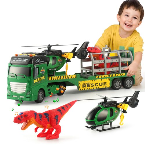 ANJARU 25&quot; Big Semi Truck Toy 3in1 Truck Kids Toys Dinosaurs, Flatbed Trailer Transporter, Helico...