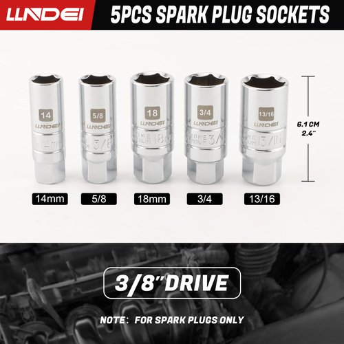 LLNDEI 3/8-Inch Drive Spark Plug Socket Set 7PCS, SAE & Metric, 5/8-inch, 3/4-inch, 13/16-inch, 14mm, 18mm, CR-V Steel Mirror Finish Sockets with Rubber Retaining Rings, Universal Joint, Extension Bar