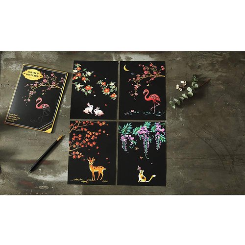 Scratch Paper Art Set, 8 Sheets Rainbow Painting Scratch Off Art Cherry Blossom & Animal Mini Postcard, Art Craft Supplies for Adults Girls & Boys Thanksgiving Christmas Birthday Party Game Gift