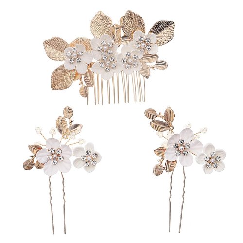 Wedding Hair Accessory Set, 3 Pieces with Flower Leaf Hair Side Comb and U Shaped Hair Pins for Brides Decorative, White&Gold