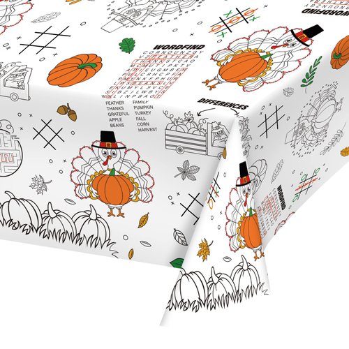 Gatherfun Disposable Fall Thanksgiving Color-in Paper Tablecloth Decoration，Turkey Thanksgiving Day Paper Table Cover for Autumn Children School Party Decor-54 x 88 in