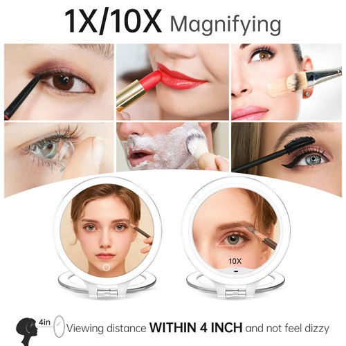 Rechargeable Magnifying Makeup Mirror 10X/1X Double Sided Lighted Travel Makeup Mirror with 3 Color Light Adjustable Rotation, LED Vanity Tabletop Portable Desk Cosmetic Foldable Mirror (No Bag)