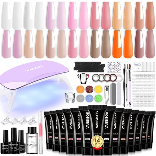 Poly Extension Gel Nail Kit: 14 PCS Poly Gel With Mini Nail Lamp Clear Nude Poly Gel Kits with Slip Solution Basic Poly Nail Gel Nail Kit for Beginners with Everything
