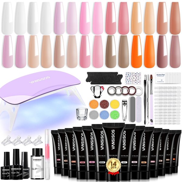 Poly Extension Gel Nail Kit: 14 PCS Poly Gel With Mini Nail Lamp Clear Nude Poly Gel Kits with Slip Solution Basic Poly Nail Gel Nail Kit for Beginners with Everything
