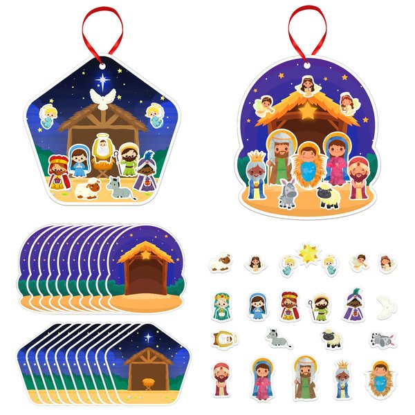 FLYAB 24PCS Make a Nativity Scene Stickers Ornament Craft Kit Christian DIY Nativity Stickers for Kids Religious Party Games Activities for Christmas Vacation Bible School Classroom Party Supplies