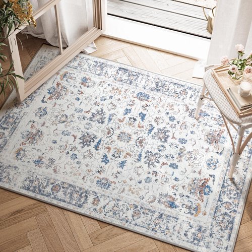 jinchan Area Rug 2x3 Entryway Rug - Washable Rug Vintage Rug Floral Doormat Small Rug Indoor Boho Thin Rug Non-Slip Retro Accent Rug Distressed Carpet for Bathroom Kitchen Bedroom Grey Multi
