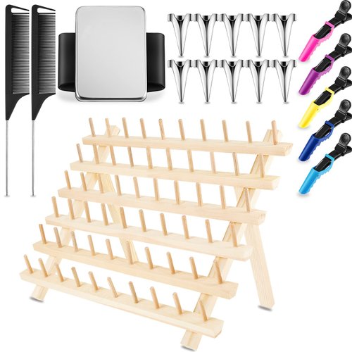 19 Pieces Braiding Stand with Hair Parting Rings, Sectioning Clips, Combs, and Magnetic Pin Wristband for Stylists (Wood)