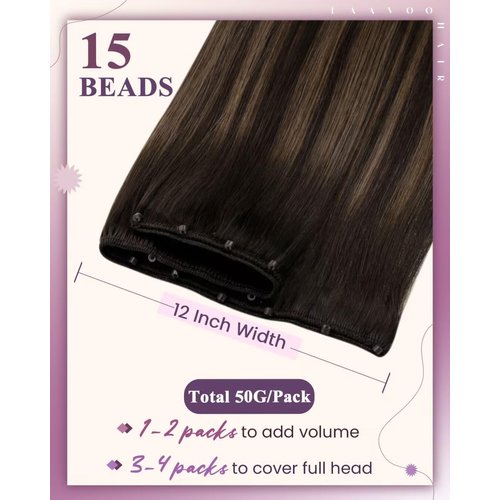 LaaVoo Beaded Weft Hair Extensions Human Hair Beaded Weft Extensions Balayage Human Hair Beaded Hair Extensions Ombre Darkest Brown to Light Brown 18inch 50g