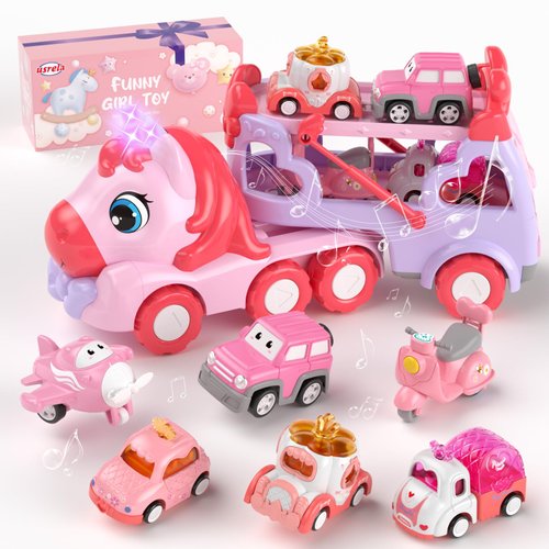 usrela Toys for 1 2 3 Year Old Girl Truck, 7-in-1 Girl Carrier Truck Car with Light & Sound, Toddler Girl Car Toys Age 1-3 2-4, Unicorn Toy Cars for 1 2 3 Year Old Girl Birthday