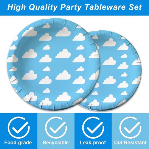 96Pack Blue Sky White Clouds Party Paper Plates and Napkins Sets, Party Decorations Plates Cloud Supplies 24 Guests Tableware for Kids