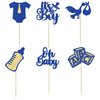 Gyufise 24Pcs Baby Shower Cupcake Toppers Glitter Tie Onesie Baby Bottle Oh Baby Cupcake Picks It's a Boy Cake Decorations for Baby Shower Gender Reveal Kids Boys Birthday Party Supplies Deep Blue