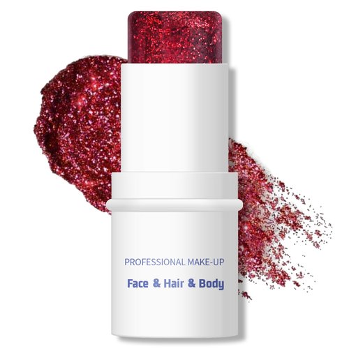 KYDA Body Glitter Stick, Chunky Glitter Gel for Face Body Hair, Sparkling Holographic Mermaid Sequins Paint, Lasting Multiuse Makeup Glitter Gel, Red