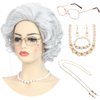 Bettecos Old Lady Wig Costume Set for Women Short Curly Grandma Wig and Glasses Silver White Granny Wigs for Old Woman Cosplay Halloween Party (Silver White/Old Lady)