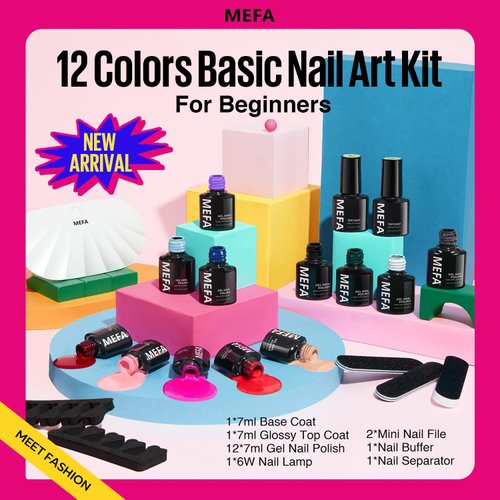 MEFA 19 Pcs Gel Nail Polish Kit with U V Light, 12 Colors All Seasons Soak Off Gel Polish Nail Set with Glossy Base Top Coat Essential Manicure Tools Beginners Salon Nails Art DIY