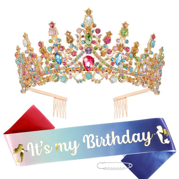 TOBATOBA It's My Birthday Sash Birthday Tiara and Crown for Women Girls Mermaid Birthday Girl Sash and Tiara Set Crystal Princess Tiara Queen Crown Quinceanera Crown Birthday Decoration Birthday Gift
