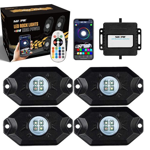 SUNPIE 4 Pods RGBW Rock Lights Aluminium Metal Underglow Light Kit App RF Remote Control Voice Mode Music Mode Multicolor Wheel Well Lights for Off Road Trucks SUV ATV UTV Trailer Boats