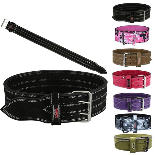 MRX Powerlifting Leather Belt 4" Wide 10mm Thickness Training Fitness Back Support Bodybuilding Belts with Steel 2 Prong Buckle Black (Medium)